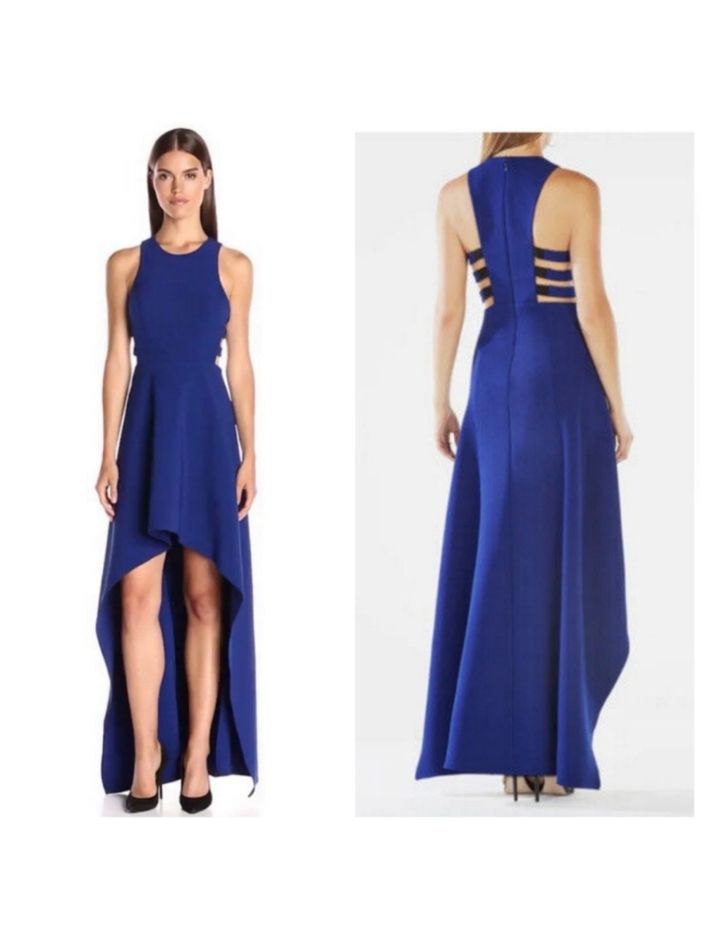 BCBGMaxAzria Cobalt Blue High-Low Evening Gown with Strappy Cutout Back